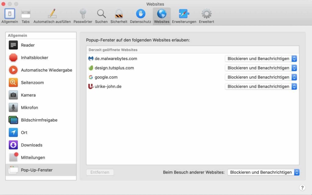 Pop-Up Fenster blockieren