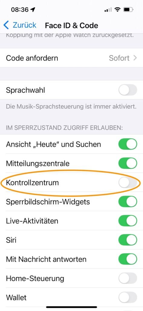 Zugriff zum Kontrollzentrum über Sperrzustand deaktivieren